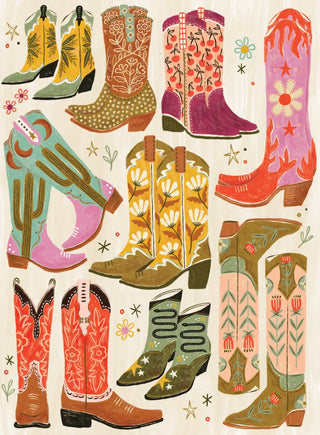 Puzzlefolks Boot Scootin Boogie! | 1,000 Piece Jigsaw Puzzle features a vibrant array of patterned cowboy boots—ideal for western enthusiasts and anyone craving a colorful puzzle challenge.