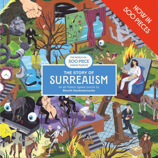 A vibrant 500-piece puzzle from Laurence King Publishing, The Story of Surrealism features colorful surrealist scenes with people, animals, and objects in unusual settings, plus a banner reading "The Story of Surrealism.