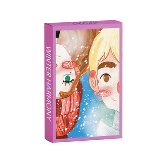 Olleo Puzzles’ Winter Harmony | 99 Piece Jigsaw Puzzle features two cheerful cartoon faces—one with red hair, one blond—framed by snowflakes, evoking cozy childhood memories.