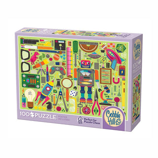 Cobble Hill's "Nerdy Junk Drawer" 100-piece jigsaw puzzle features colorful objects and tools, includes a poster, and has random-cut pieces. Perfect for Puzzle Chess enthusiasts.
