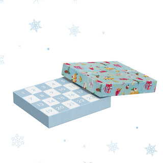 The Cloudberries Jigsaw Advent Calendar by Cloudberries features a blue box with numbered compartments and a lid adorned with colorful holiday-themed illustrations. Shown partially open against a white background with snowflakes, this 1,000 piece jigsaw puzzle advent calendar is the perfect Christmas gift for anyone who loves the excitement of discovering a festive puzzle surprise each day.
