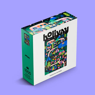 The Camp Friendship | 1,000 Piece Jigsaw Puzzle by Holiyay Puzzles features Judit Zengővári’s colorful, cartoon-style campsite and people set against a vibrant purple background for a festive holiday vibe.