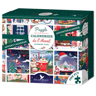 Box of the Pieces & Peace Jigsaw Puzzle Advent Calendar by Pieces & Peace, featuring 24 illustrated holiday scenes labeled in French, German, and English. Made in France, this festive set contains a total of 1008 puzzle pieces.