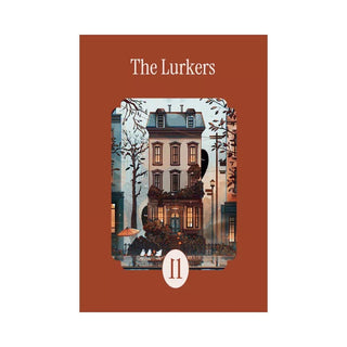 The Lurkers | 99 Piece Jigsaw Puzzle by la pauz features an illustrated multi-story building with trees, people, outdoor seating, and a round II symbol below the artwork, resembling a puzzle on its cover.