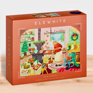 The Home & Hearth | 1,000 Piece Jigsaw Puzzle by Elewhite features original artwork depicting a cozy, festive kitchen with a woman baking, holiday decorations, and a Christmas tree. Printed on premium puzzle board, this engaging jigsaw puzzle offers hours of holiday fun.