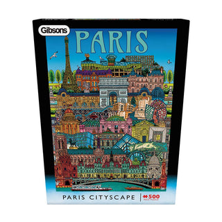 The Paris Cityscape | 500 Piece Jigsaw Puzzle by Gibsons Games features vibrant illustrations of iconic Paris landmarks and buildings.