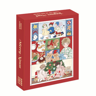 The WEVE Merry Xmas | 1,000 Piece Jigsaw Puzzle features vintage-style kids, animals, cookies, and festive decor with "Merry Xmas" on the side—an eco-friendly holiday activity for all.
