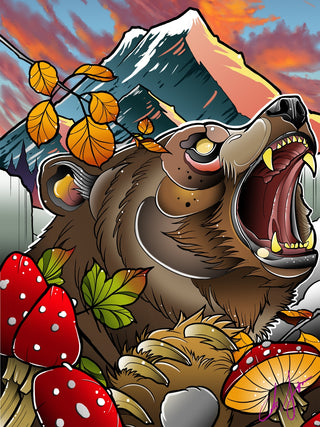 Bearly Awake | 1,000 Piece Jigsaw Puzzle by Aurora Puzzles features a roaring bear amid red mushrooms and autumn leaves, set before a snow-capped mountain—an eco-friendly Alaska-themed puzzle for nature lovers.