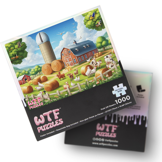 The F*ck Farm 1,000 piece jigsaw puzzle by WTF Puzzles features a cartoon farm scene with animals, hay bales, a barn, and a silo. Comes with a resealable bag for easy storage.