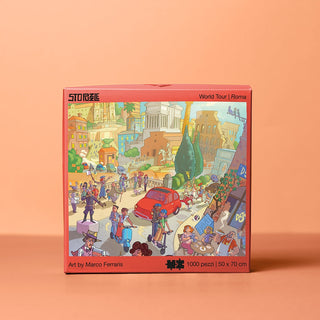 The StoPuzzle Rome | 1,000 Piece Jigsaw Puzzle showcases vibrant city scenes, people, and landmarks illustrated by Marco Ferraris. Part of the World Tour collection. Box size: 50 x 70 cm.