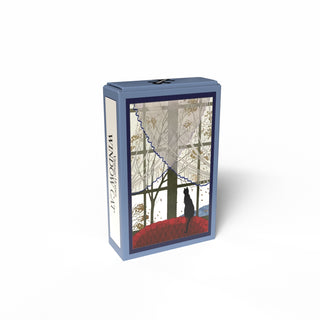 The Penny Puzzle “Window Cat” is a 99-piece vintage-style jigsaw featuring a black cat on a red chair, gazing out a window at autumn trees. The rectangular box displays this charming artwork on the front.