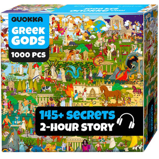 QUOKKA’s Greek Gods | 1,000 Piece Jigsaw Puzzle features vibrant Greek mythology art, over 145 hidden secrets, and an immersive 2-hour story—ideal for adults who love puzzles and ancient myths.