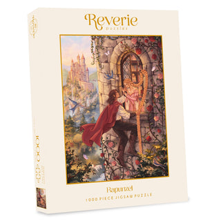 Discover the Reverie Puzzles Rapunzel | 1,000 Piece Jigsaw Puzzle, showcasing a captivating scene of Rapunzel letting down her hair from a tower as a man climbs up, with a castle and birds in the background—a magical fairytale jigsaw perfect for puzzle enthusiasts.
