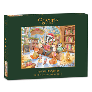 Festive Storytime | 1,000 Piece Jigsaw Puzzle by Reverie Puzzles features woodland animals reading in a cozy forest winter scene. Brand logo shows at the top of the box.
