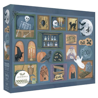 Get into the Halloween spirit with the “Spooky View” 1,000 Piece Jigsaw Puzzle by 1canoe2, featuring a festive box adorned with illustrations of skeletons, ghosts, pumpkins, black cats, bats, spiders, a fortune teller, potions, candles, and other spooky decorations.