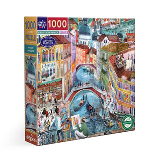 Enjoy eeBoo’s Artists in Venice 1,000 Piece Jigsaw Puzzle, with artists painting beside vibrant canals, bridges, and gondolas—a sustainable puzzle perfect for art and travel lovers.