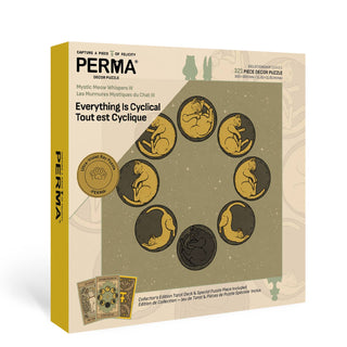 Box for the PERMA Puzzle "Everything Is Cyclical" 321-piece jigsaw, featuring cat illustrations in a circular design, made from premium Dutch blue-core chipboard.