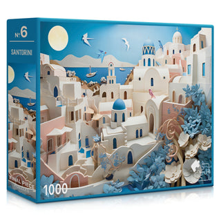 The Santorini | 1,000 Piece Jigsaw Puzzle by Final Piece Puzzles features an illustration of Santorini’s white buildings with blue domes, the sea, flowers, birds, and a vibrant sky with the sun and moon.
