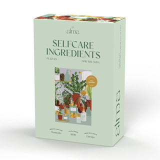 The Selfcare Ingredients | 1,000 Piece Jigsaw Puzzle by Alma Puzzles comes in a pastel green box with plants and self-care items on the front, offering a relaxing, mindful self care activity.