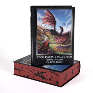 Discover the Witch, Wyvern & Wildflowers | 250 Piece Jigsaw Puzzle by Kingdom of Threads—a captivating fantasy art puzzle featuring a woman facing a dragon in a vibrant flower field. Inspired by Manon and Abraxos from Throne of Glass, this enchanting jigsaw makes an ideal Sarah J. Maas gift for fans who love magical worlds and memorable characters.