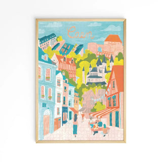 Enjoy "Stroll in Caen," a 1,000 piece jigsaw puzzle by Aparté featuring a colorful illustration of Caen, France with historic buildings, trees, and lively street scenes—perfect for puzzle lovers and travel fans alike.