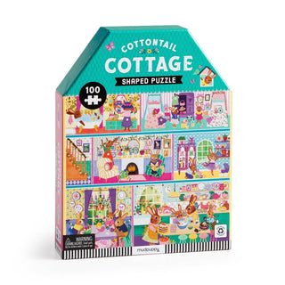 The Cottontail Cottage 100 Piece Jigsaw Puzzle by Mudpuppy features colorful woodland creatures in a house-shaped design; recommended for ages 5 and up.