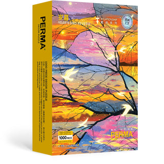 The Year's End Reverie | 1000 Piece Jigsaw Puzzle by PERMA Puzzle showcases an abstract sunset with tree branches and water, made from premium Dutch chipboard for lasting quality.