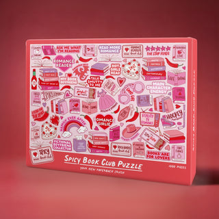 Bubblegum Stuff’s Spicy Book Club | 1,000 Piece Jigsaw Puzzle features illustrated romance book-themed icons and playful phrases on a vibrant pink and red box—perfect for pop culture puzzle fans and cozy book club gatherings.