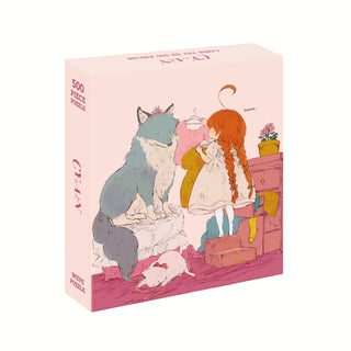 The WEVE "Cyan" 500 Piece Jigsaw Puzzle features a girl with long red hair and a large blue dog in a cozy room with a sleeping cat, crafted from recycled paper for an eco-friendly experience.