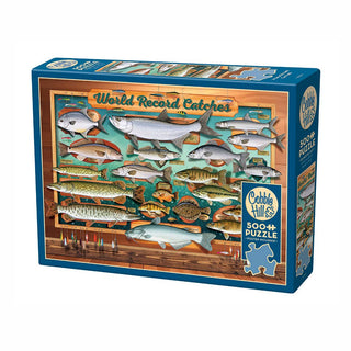 The Cobble Hill World Record Catches 500 Piece Jigsaw Puzzle features illustrated fish on a wooden background and offers random-cut pieces for a unique challenge every time.