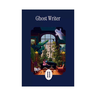 A person writes at a desk in a plant-filled room with a dog, while a ghost floats above; text reads “Ghost Writer” and shows number 11. Ghost Writer | 99 Piece Jigsaw Puzzle by la pauz—part of the mini Ghostwriter puzzle series.
