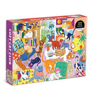 Mudpuppy’s Cozy Cat Club | 1000 Piece Jigsaw Puzzle showcases a lively indoor scene with playful and relaxed cats, perfect for family fun.
