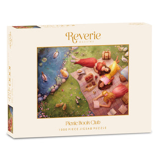 Enjoy assembling the Picnic Book Club | 1,000 Piece Jigsaw Puzzle by Reverie Puzzles, showcasing delightful Holly Jackie Art of three people reading on a picnic blanket beside a pond with ducks. This puzzle includes a reusable drawstring bag for convenient storage.