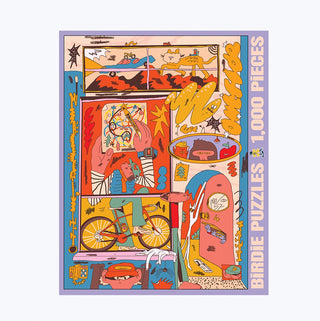 Immerse yourself in “Lost All Day,” a vibrant 1,000 piece jigsaw puzzle by Birdie Puzzles, featuring a colorful abstract illustration of a person on a bicycle amidst whimsical shapes and scenes. Crafted from durable Blue Kappa chipboard, this puzzle promises lasting quality and hours of enjoyment.