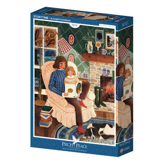 The Pieces & Peace "Storytime" 500-piece jigsaw puzzle, made in France, features Elisabeth Dorrian’s art of an adult and child reading by the fireplace with books, a dog, and cozy decor.