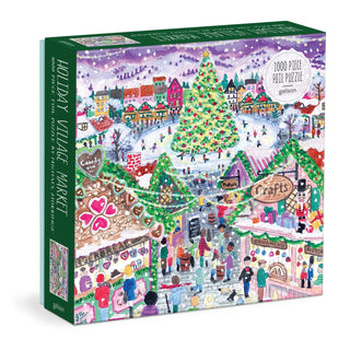 Experience the festive cheer with the Michael Storrings Holiday Village Market 1,000 Piece Jigsaw Puzzle by Chronicle Books, featuring a vibrant illustration of a holiday village market complete with decorated stalls, cheerful townspeople, and a majestic Christmas tree at the center. This enchanting puzzle beautifully captures the joyful spirit of the season, making it a delightful holiday activity for all ages.