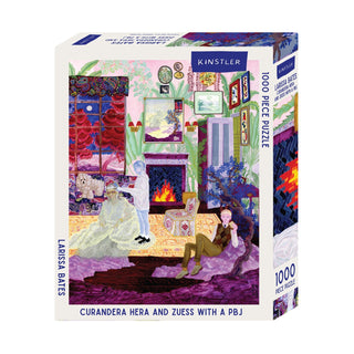 A 1,000-piece Curandera Hera and Zuess with a PBJ jigsaw puzzle by Kinstler Puzzles featuring a dreamlike painting of a person styling another’s hair by a fireplace, with someone eating a sandwich.