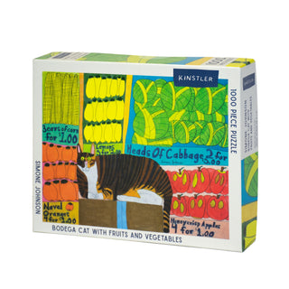 Kinstler Puzzles’ “Bodega Cat with Fruits and Vegetables” is a 1,000-piece jigsaw puzzle featuring Simone Johnson’s vibrant artwork of a classic bodega cat surrounded by illustrated produce and handwritten price signs.