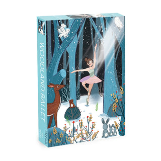 Explore the Woodland Ballet | 500 Piece Jigsaw Puzzle by Olleo Puzzles, featuring an illustrated ballerina dancing in a forest with charming animals like a deer, bear, owl, and rabbits.