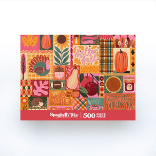 Introducing the Sweater Weather | 500 Piece Jigsaw Puzzle by Spaghetti Tree—a delightful autumn puzzle box filled with colorful fall-themed illustrations, including pumpkins, leaves, sunflowers, pie, cozy sweaters, and classic plaid patterns. This random cut 500-piece puzzle features inviting Spaghetti Tree branding on the front for a fun and challenging seasonal activity.
