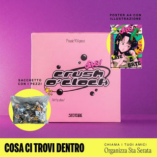 The StoPuzzle Crush O'clock 500 Piece Jigsaw Puzzle, featuring an A4 illustrated poster and a bag of pieces, is displayed on a pink and yellow background.