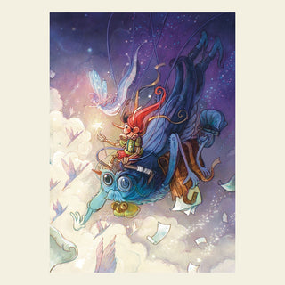 A whimsical illustration for StoPuzzle’s Cacciatori di Poesie 1,000 Piece Jigsaw Puzzle: a mouse rides a blue insect through a starry sky, joined by a fairy and floating paper—perfect for fans of enchanting challenges.