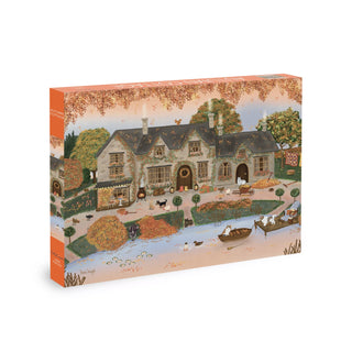 The Olleo Puzzles Autumn Cottage 1,000 Piece Jigsaw Puzzle features a charming country house surrounded by vibrant autumn gardens, friendly animals, and a pond with boats—an ideal serene landscape puzzle for relaxing and enjoying some quiet time.