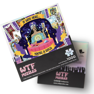 The Tarot Bitch 1,000 piece jigsaw puzzle from WTF Puzzles features a cartoon fortune teller with tarot cards and sassy “IT SAYS HERE… YOU’RE A BITCH” text. Non-glare pieces offer a clear view as you assemble this cheeky scene.