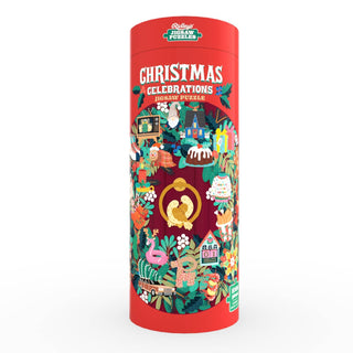 Tall red cylindrical box labeled Christmas Celebrations Jigsaw Puzzle with festive illustrations including ornaments, gifts, flowers, and various animals on the packaging. This delightful 1000 piece puzzle is perfect for bringing the joy of holiday traditions to your family gatherings.