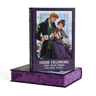 A Faerie Fieldwork | 250 Piece Jigsaw Puzzle in a book-shaped box, featuring an illustration of a man and woman with books titled Faerie Fieldwork.