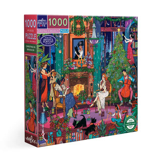The Christmas in Brooklyn | 1,000 Piece Jigsaw Puzzle by eeBoo features a festive illustrated living room with people and pets celebrating around a decorated fireplace, complete with gifts and holiday decor.