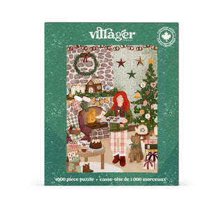 Celebrate the holidays with the Cottage Christmas 1,000 Piece Jigsaw Puzzle by Villager Puzzles, featuring a cozy scene of a woman reading by the fireplace amidst Christmas decorations, a tree, gifts, a dog, and festive treats.
