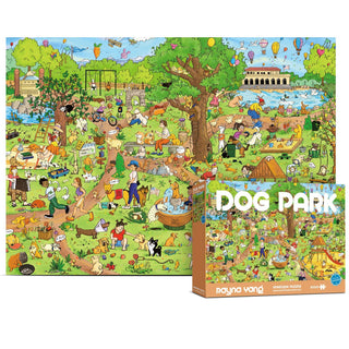 Enjoy assembling the Dog Park Leisure Time | 1,000 Piece Jigsaw Puzzle by Antelope Puzzle, featuring a lively dog park scene with people, dogs, trees, picnic spots, and a pond—ideal for puzzle lovers.