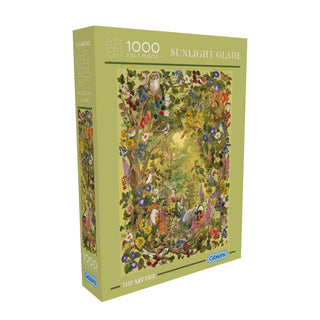 The Art File: Sunlight Glade is a 1,000 piece jigsaw puzzle by Gibsons Games, featuring a vibrant woodland scene with animals and plants. Made from recycled cardboard, it's perfect for nature lovers.